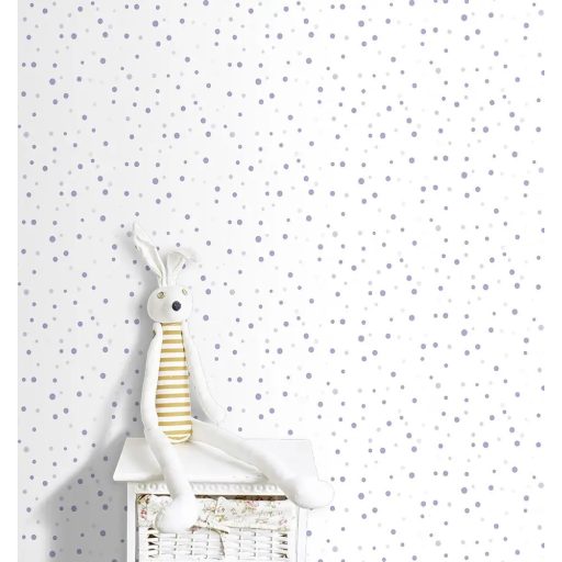 Változatos méretű és elhelyezkedésű pöttyök mintája fehér halványlila és lila tónus gyerekszobai tapéta