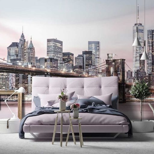 Manhattan ikonikus felhőkarcolói a Brooklyn Bridge mögött púderrózsaszín rózsakvarc acélszürke mogyoróbarna és fehér tónus falpanel