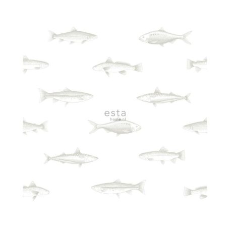 Tengeri halak grafikus tollrajz ábrázolása törtfehér ezüstszürke és ezüst tónus finom mintafény tapéta