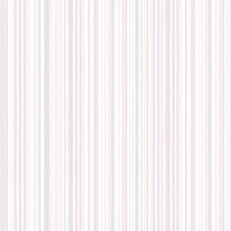 Gyerekszobai csíkos minta változó szélességű vékony csíkozás fehér rózsaszín szürke és lila tónus tapéta