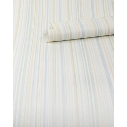 Gyerekszobai csíkos minta változó szélességű vékony csíkozás fehér kék zöld és sárga tónus tapéta