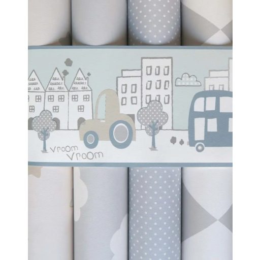 Városi motívum - változatos autók mintája fehér bézs szürke kék és szürkészöld tónus gyerekszobai bordűr