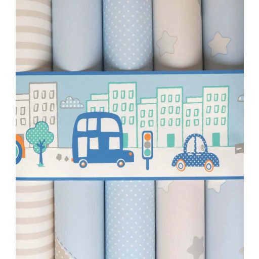 Városi motívum - változatos autók mintája fehér szürke és szines gyerekszobai bordűr