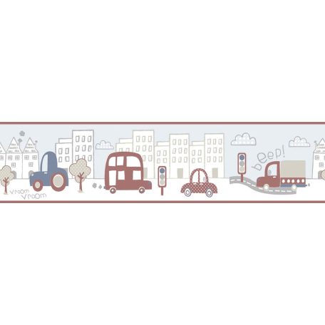 Városi motívum - változatos autók mintája fehér szürke kék piros és világoskék tónus gyerekszobai bordűr