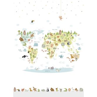   Világtérkép őshonos állatokkal fehér sárga szines gyerekszobai falpanel