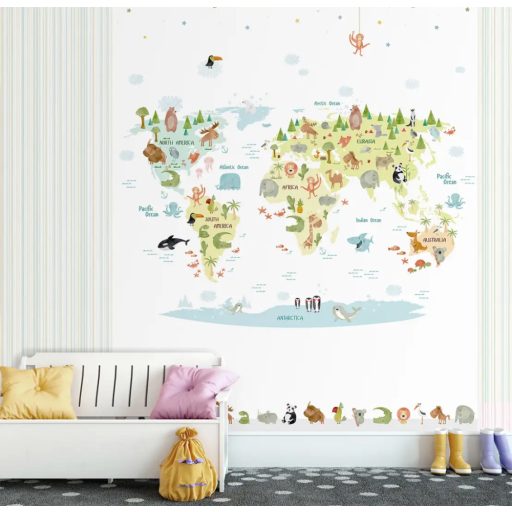 Világtérkép őshonos állatokkal fehér sárga szines gyerekszobai falpanel