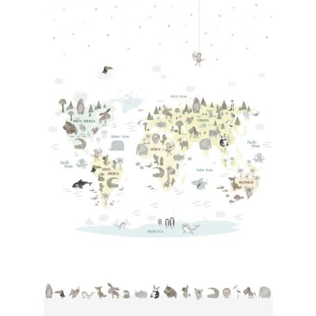Világtérkép őshonos állatokkal fehér bézs szines gyerekszobai falpanel