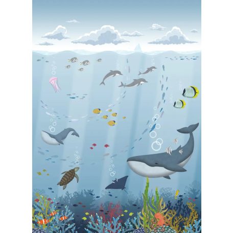 A víz alatti világ panorámája - delfin bálna rája...stb kék fehér szines gyerekszobai falpanel