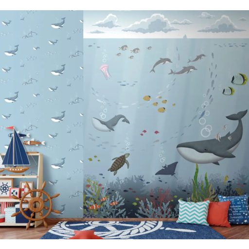 A víz alatti világ panorámája - delfin bálna rája...stb kék fehér szines gyerekszobai falpanel