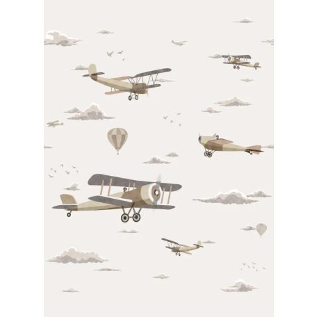 Kétfedeles géppel a felhők között - Repülők és léghajók bézs barna fehér és szürke tónus gyerekszobai falpanel