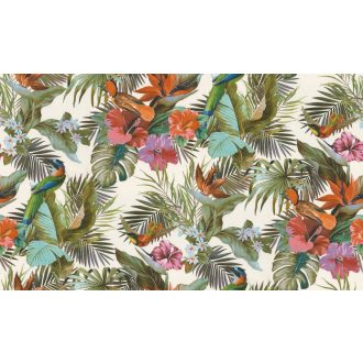   Vibráló hibiszkusz smaragdzöld pálmalavelek és kolibrik éneke egy design-ban krém korall türkiz és sokszínű tónus tapéta
