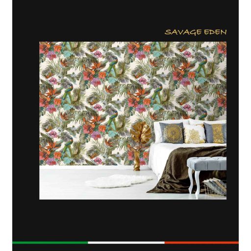 Vibráló hibiszkusz smaragdzöld pálmalavelek és kolibrik éneke egy design-ban krém korall türkiz és sokszínű tónus tapéta