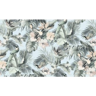   Vibráló hibiszkusz szürkészöld pálmalavelek és kolibrik éneke egy design-ban világoskék rózsaszín és szürkészöld tónus tapéta