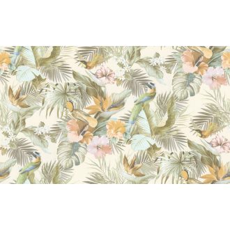   Vibráló hibiszkusz smaragdzöld pálmalavelek és kolibrik éneke egy design-ban bézs pasztellzöld rózsaszín és aranysárga tónus tapéta