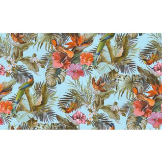   Vibráló hibiszkusz smaragdzöld pálmalavelek és kolibrik éneke egy design-ban világoskék zöld narancs rózsaszín és aranybarna tapéta