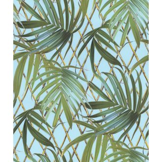   Mesés bambuszerdő zen kompozíció remek kilátásokkal égkék sárgásbarna zöld és arany tónus tapéta
