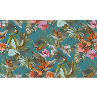   Vibráló hibiszkusz smaragdzöld pálmalavelek és kolibrik éneke egy design-ban türkiz zöld narancs és sokszínű tónus tapéta