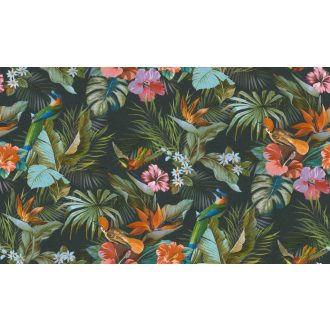   Vibráló hibiszkusz pálmalavelek és kolibrik éneke egy design-ban sötétzöld/antracit korall narancs és sokszínű tónus tapéta