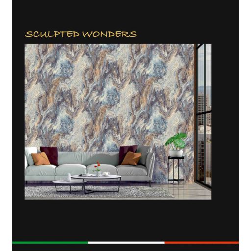 Dinamikus örvénylő nagyléptékű márvány design csillogó szemcsékkel világoskék tengerkék gyöngyház szürkésbarna és aranybarna tapéta