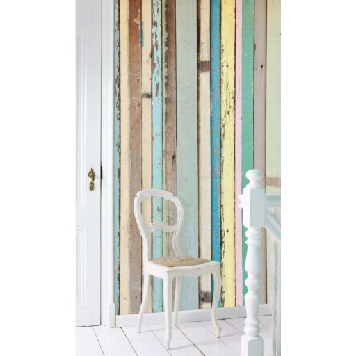 Valósághű szines koptatott deszkapalánk minta rózsaszín kék sárga és zöld tónus falpanel