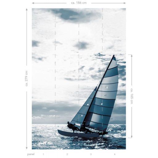 Vitorlás a csillogó víztükrű tavon fehér kék és sötétkék tónus falpanel