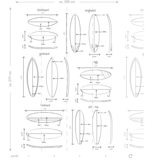 Szörfdeszkák típusai és paraméterei műszaki rajz ábrázolásban fehér és fekete tónus falpanel