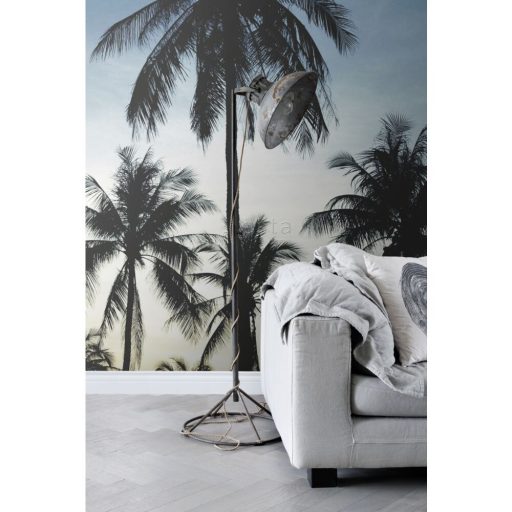 Tengerparti pálmafák az alkonyi tájban fehér szürke kék sárga és fekete tónus falpanel