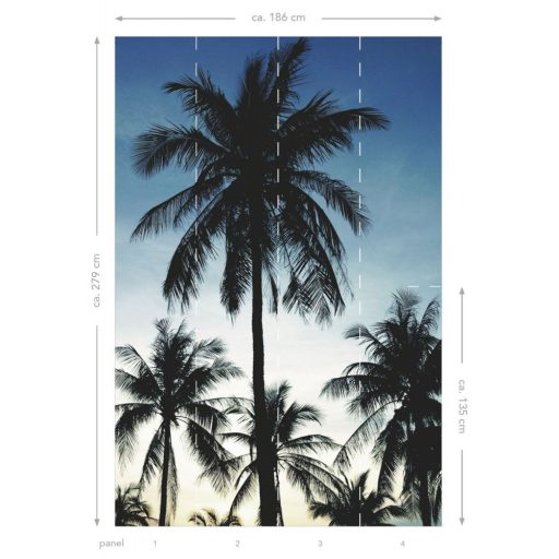 Tengerparti pálmafák az alkonyi tájban fehér szürke kék sárga és fekete tónus falpanel