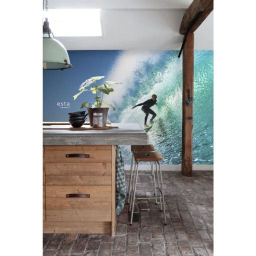 Az óriás hullámok lovagja - Elképesztő szörfös motívum tengerzöld tengerkék fekete fehér és kék tónus falpanel