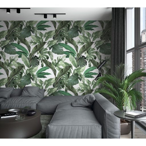 Nagyméretű trópusi levelek téglafal háttéren fehér zöld és ezüst tónus falpanel