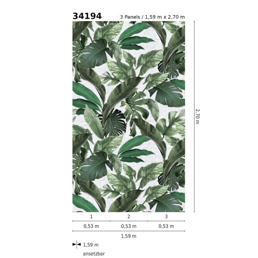 Nagyméretű trópusi levelek téglafal háttéren fehér zöld és ezüst tónus falpanel