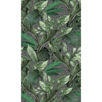   Nagyméretű trópusi levelek téglafal háttéren sötétszürke antracit zöld és ezüst tónus falpanel