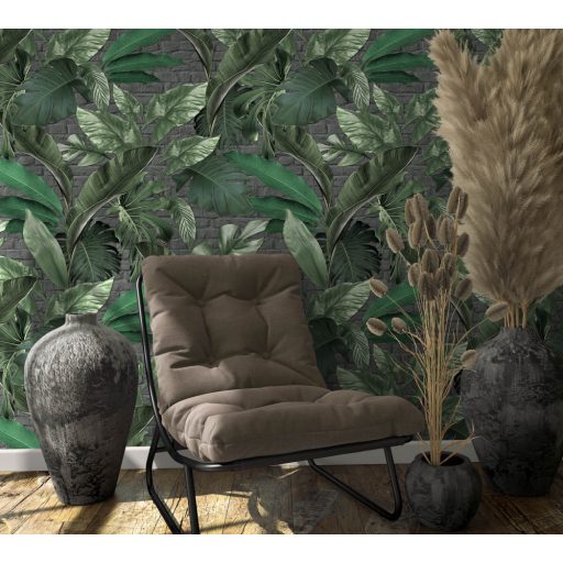 Nagyméretű trópusi levelek téglafal háttéren sötétszürke antracit zöld és ezüst tónus falpanel