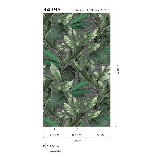 Nagyméretű trópusi levelek téglafal háttéren sötétszürke antracit zöld és ezüst tónus falpanel
