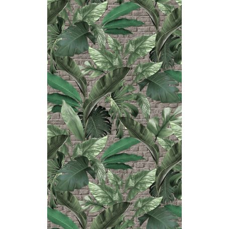 Nagyméretű trópusi levelek téglafal háttéren szürke/szürkésbarna zöld és ezüst tónus falpanel