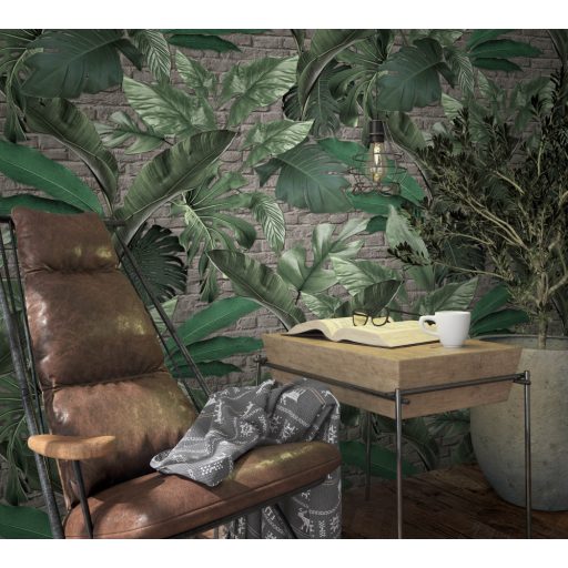 Nagyméretű trópusi levelek téglafal háttéren szürke/szürkésbarna zöld és ezüst tónus falpanel