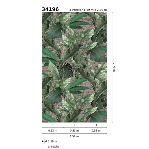 Nagyméretű trópusi levelek téglafal háttéren szürke/szürkésbarna zöld és ezüst tónus falpanel