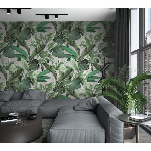 Nagyméretű trópusi levelek durva beton háttéren szürke zöld és ezüst tónus falpanel