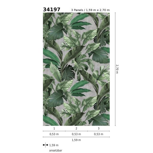Nagyméretű trópusi levelek durva beton háttéren szürke zöld és ezüst tónus falpanel
