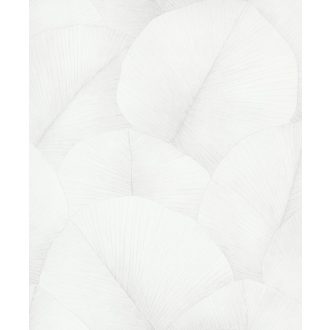   Japandi stílusú 3D design levélminta fehér és szürke árnyalatok különleges kéttónusú fémes hatás tapéta