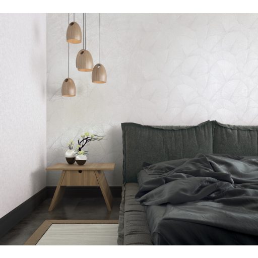 Japandi stílusú 3D design levélminta fehér és szürke árnyalatok különleges kéttónusú fémes hatás tapéta