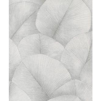   Japandi stílusú 3D design levélminta szürkésfehér és szürke árnyalatok különleges kéttónusú fémes hatás tapéta