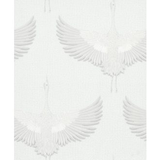   Ég felé törő "hímzett" darvak - minimalista faldekoráció textil háttéren szürkésfehér krémszürke és ezüst tónus tapéta