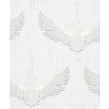 Ég felé törő "hímzett" darvak - minimalista faldekoráció textil háttéren szürkésfehér krémszürke és ezüst tónus tapéta
