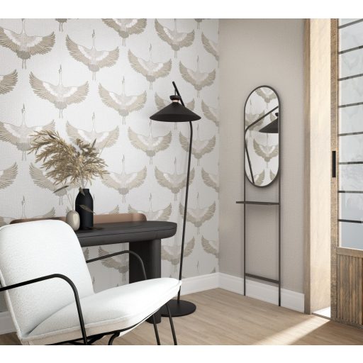 Ég felé törő "hímzett" darvak - minimalista faldekoráció textil háttéren szürkésfehér krémszürke és ezüst tónus tapéta