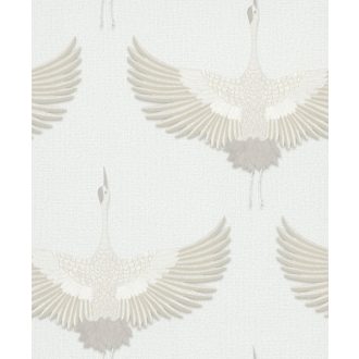   Ég felé törő "hímzett" darvak - minimalista faldekoráció textil háttéren törtfehér krém bézs és bézsarany tónus tapéta