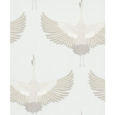 Ég felé törő "hímzett" darvak - minimalista faldekoráció textil háttéren törtfehér krém bézs és bézsarany tónus tapéta