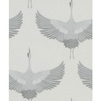   Ég felé törő "hímzett" darvak - minimalista faldekoráció textil háttéren szürkésfehér szürke és ezüst tónus tapéta