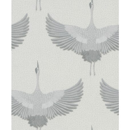 Ég felé törő "hímzett" darvak - minimalista faldekoráció textil háttéren szürkésfehér szürke és ezüst tónus tapéta