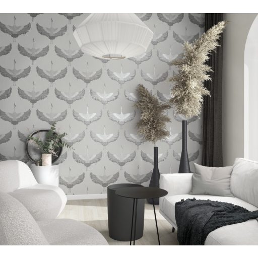 Ég felé törő "hímzett" darvak - minimalista faldekoráció textil háttéren szürkésfehér szürke és ezüst tónus tapéta